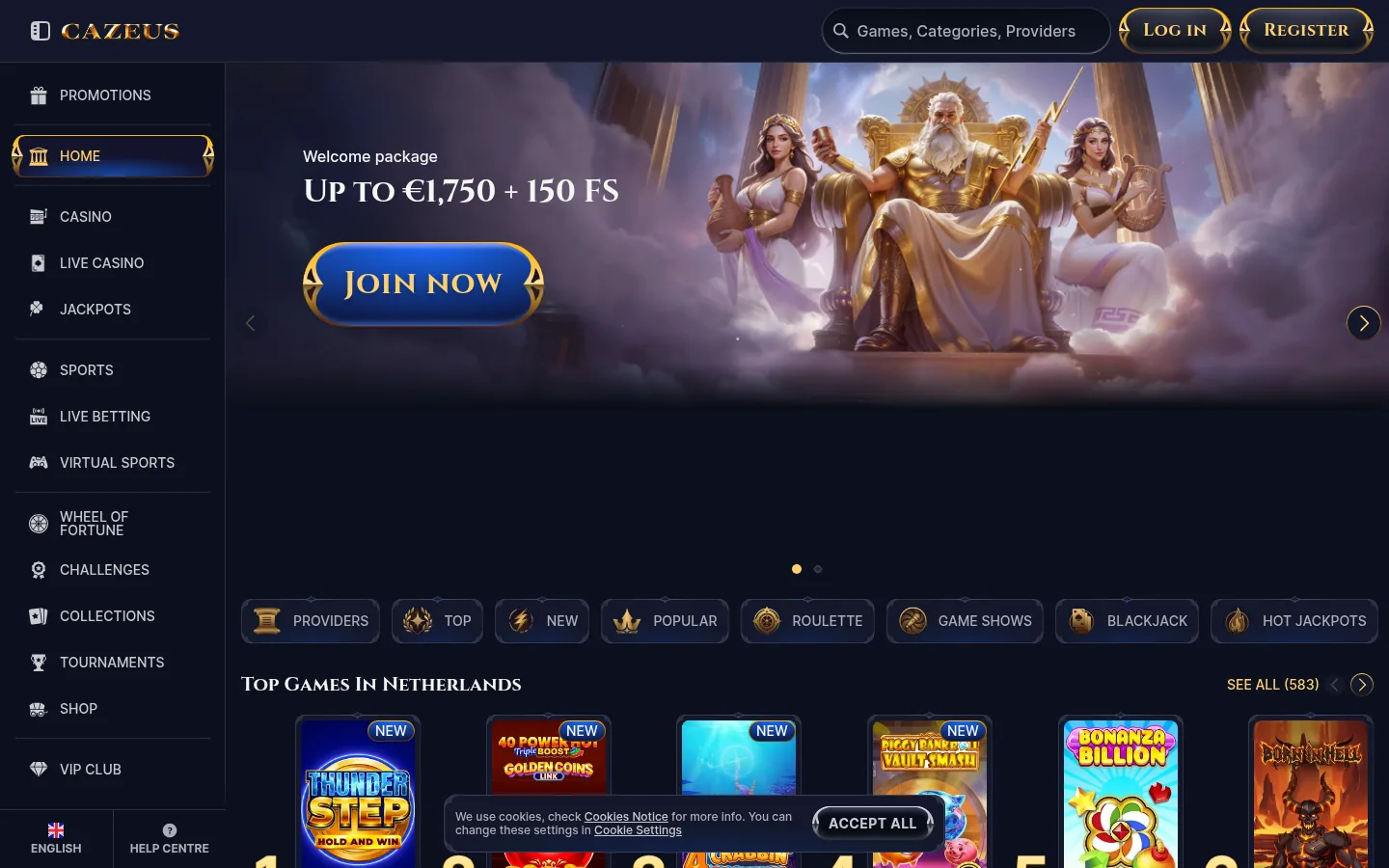 De startpagina van Cazeus met het welkomstaanbod en de spellen